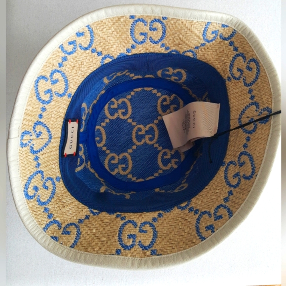 Nwt. Gucci bucket hat . M ,beige raffia blue GG .lined - Picture 3 of 8